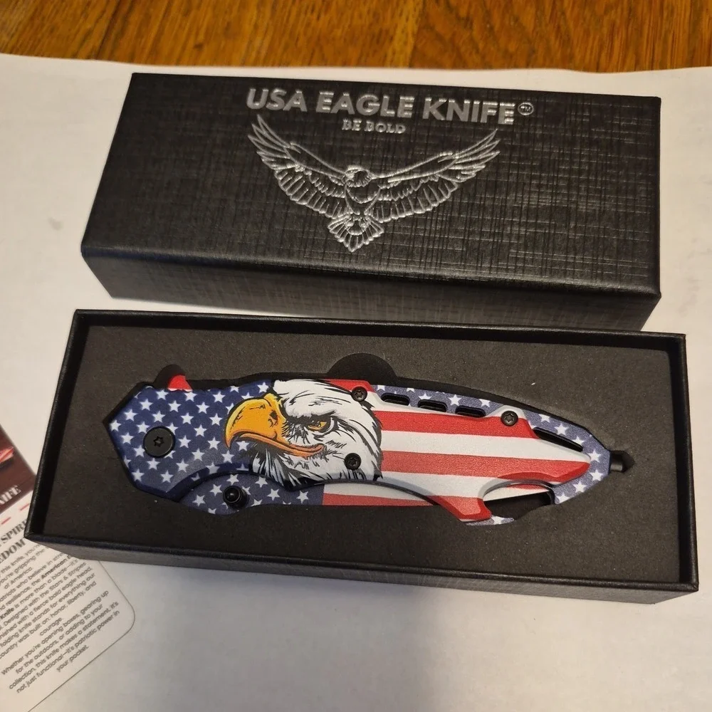 PatriotAddict USA Eagle Knife Tactical Folding Drop Point Red White Blue